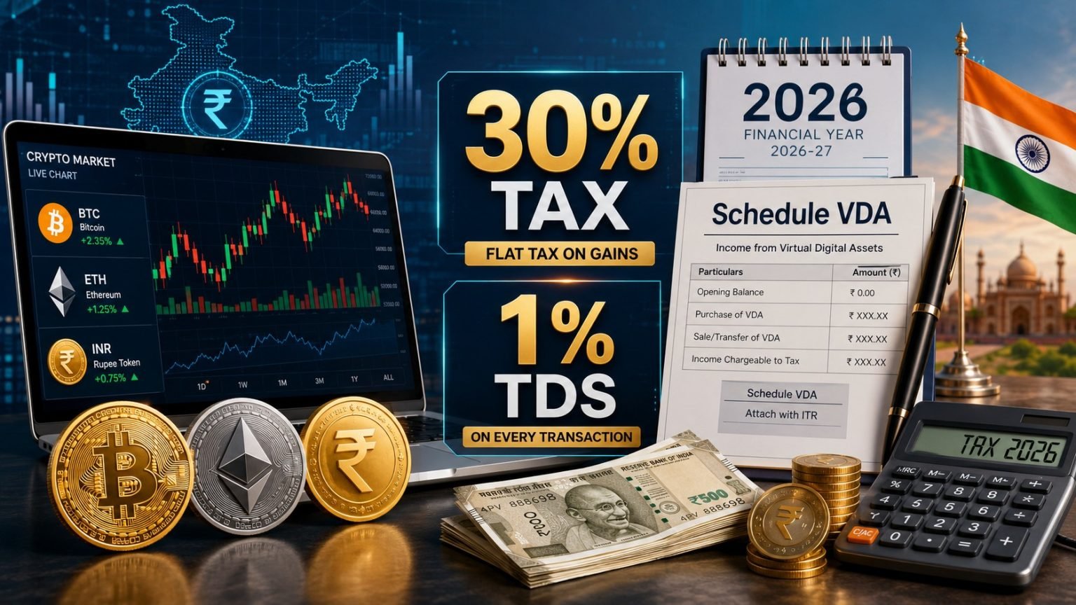 Crypto Tax India 2026: 30% Rule, 1% TDS, Schedule VDA Guide 1