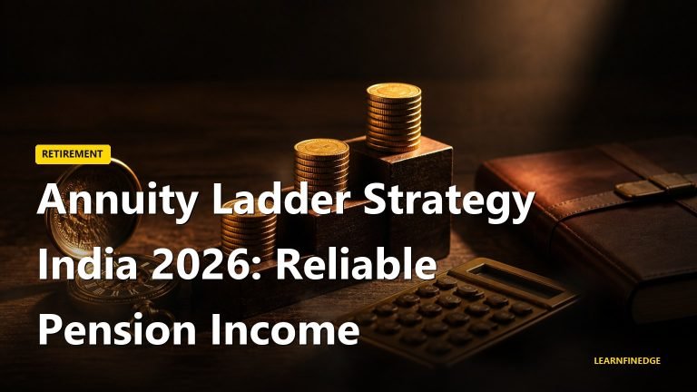 Annuity ladder strategy India 2026 still life with three ascending wooden block ladders holding rupee coin stacks, brass calculator and pocket watch