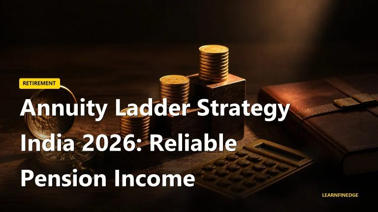 Annuity ladder strategy India 2026 still life with three ascending wooden block ladders holding rupee coin stacks, brass calculator and pocket watch