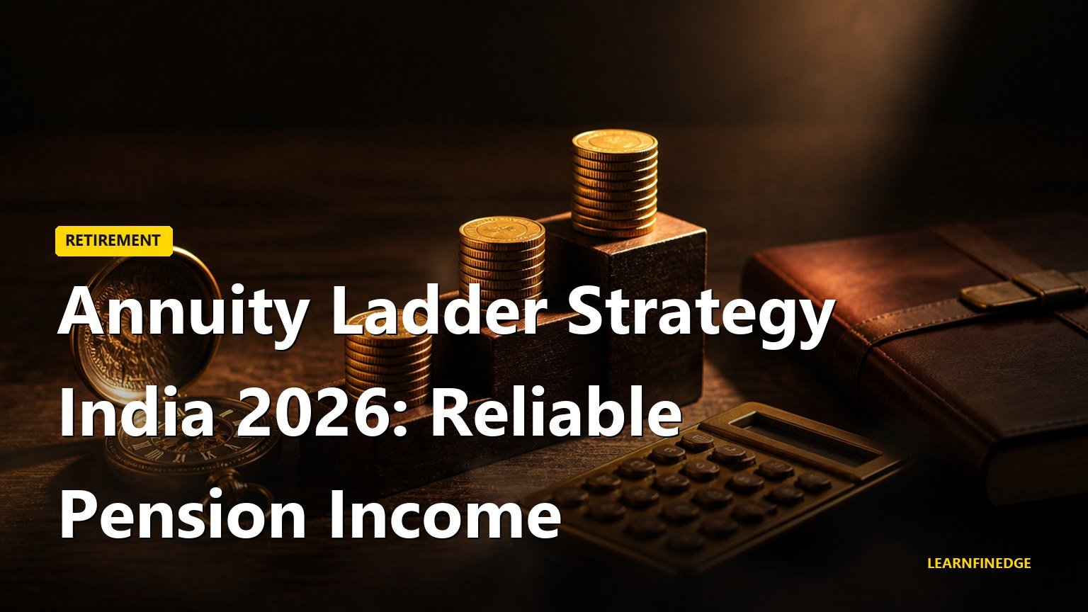 Annuity ladder strategy India 2026 still life with three ascending wooden block ladders holding rupee coin stacks, brass calculator and pocket watch