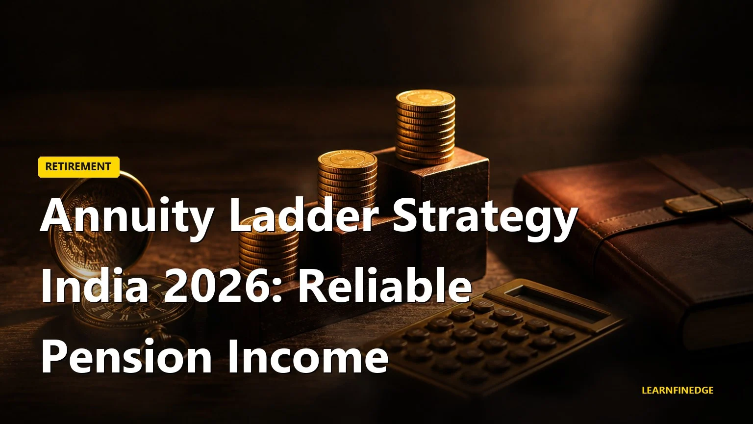 Annuity ladder strategy India 2026 still life with three ascending wooden block ladders holding rupee coin stacks, brass calculator and pocket watch