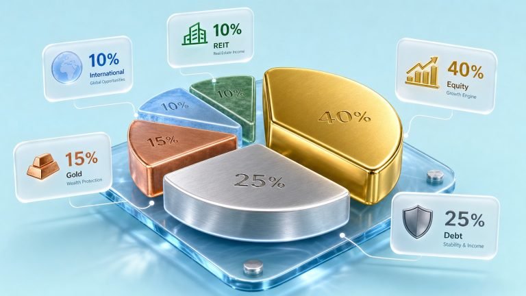 3D isometric glassmorphism pie chart with gold, silver, copper and jade slices representing equity-debt-gold asset allocation