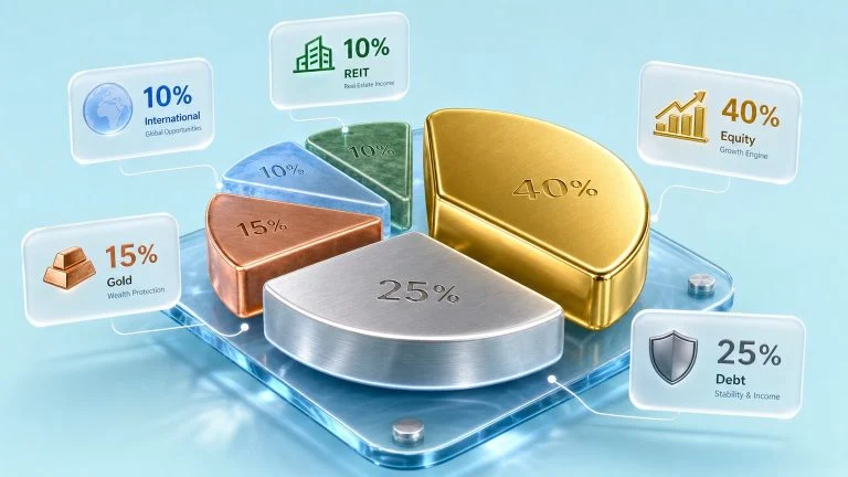3D isometric glassmorphism pie chart with gold, silver, copper and jade slices representing equity-debt-gold asset allocation