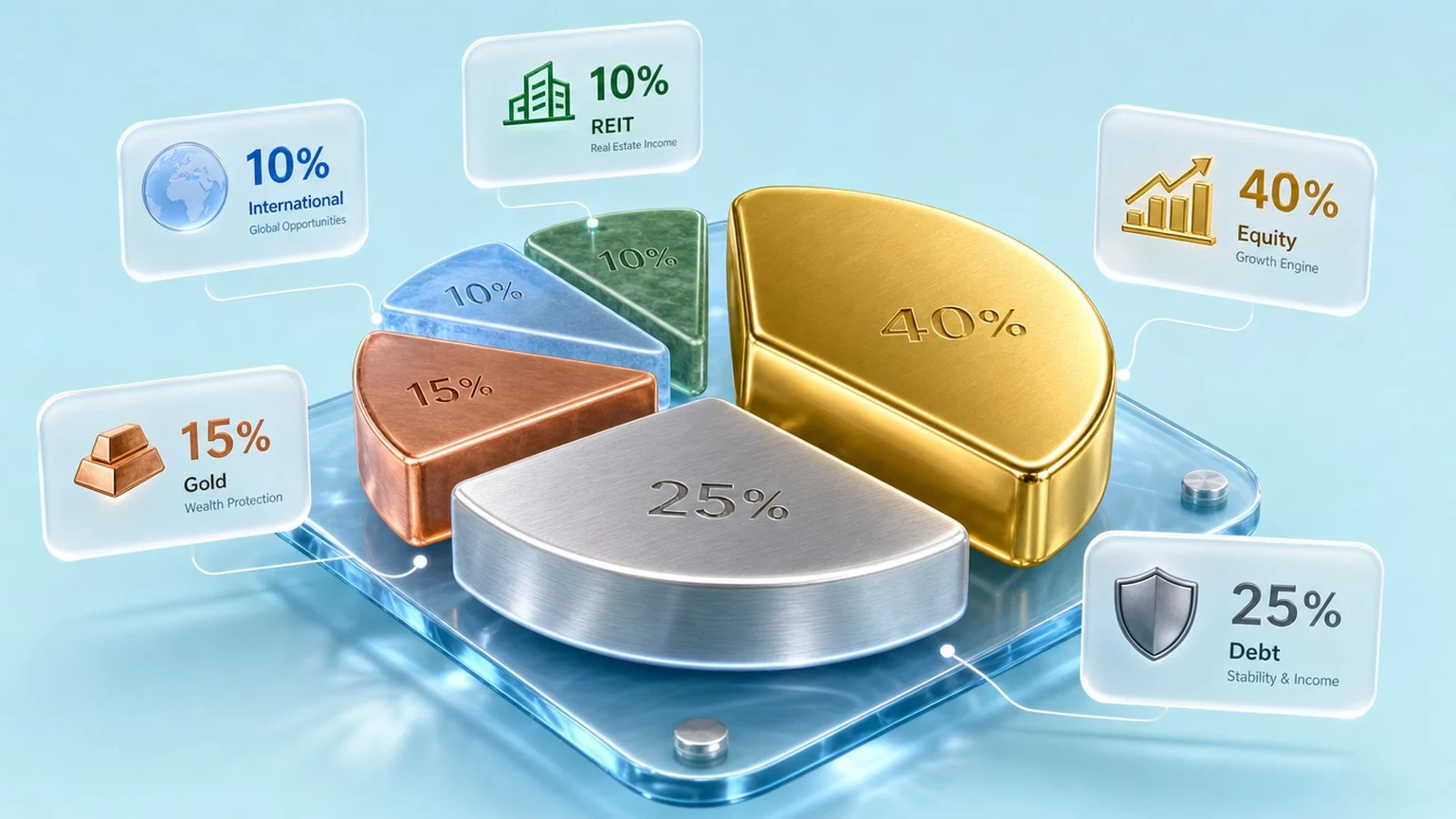 3D isometric glassmorphism pie chart with gold, silver, copper and jade slices representing equity-debt-gold asset allocation