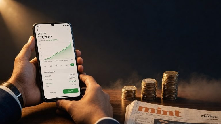Smartphone showing an SIP mutual fund growth chart beside an ascending stack of Indian rupee coins, editorial finance hero image for LearnFineEdge
