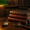 Scholarly desk scene with leather-bound books, pocket watch, magnifying glass and chess knight under a green banker's lamp, editorial for Charlie Munger mental models