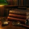 Scholarly desk scene with leather-bound books, pocket watch, magnifying glass and chess knight under a green banker's lamp, editorial for Charlie Munger mental models