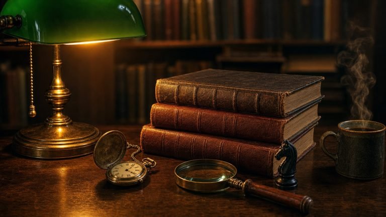 Scholarly desk scene with leather-bound books, pocket watch, magnifying glass and chess knight under a green banker's lamp, editorial for Charlie Munger mental models