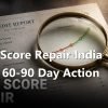 CIBIL score repair India 2026 editorial macro of a printed credit report on dark slate with a brass magnifying glass over an ascending score curve and a vintage seal stamp