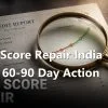 CIBIL score repair India 2026 editorial macro of a printed credit report on dark slate with a brass magnifying glass over an ascending score curve and a vintage seal stamp