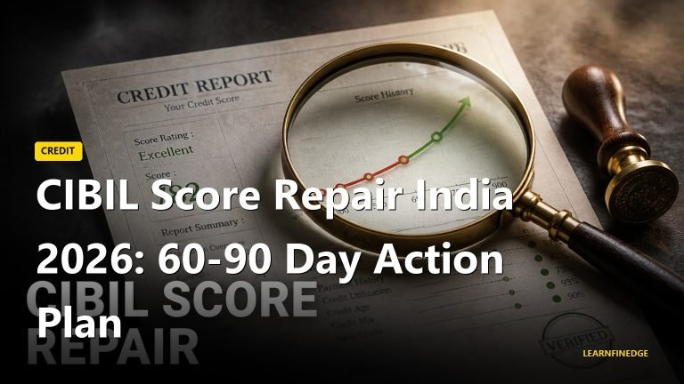 CIBIL score repair India 2026 editorial macro of a printed credit report on dark slate with a brass magnifying glass over an ascending score curve and a vintage seal stamp