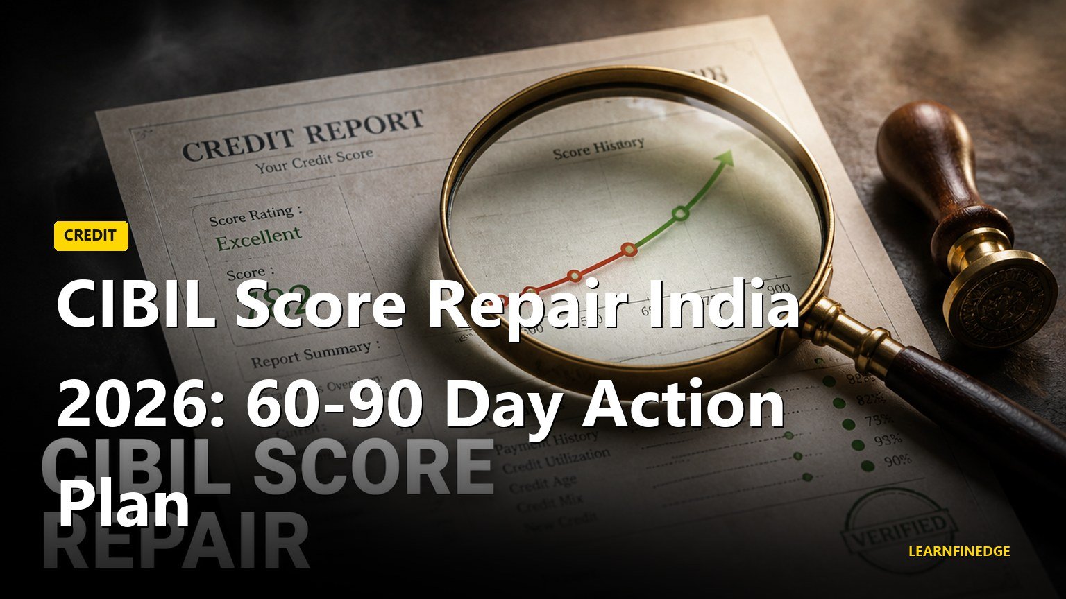 CIBIL score repair India 2026 editorial macro of a printed credit report on dark slate with a brass magnifying glass over an ascending score curve and a vintage seal stamp