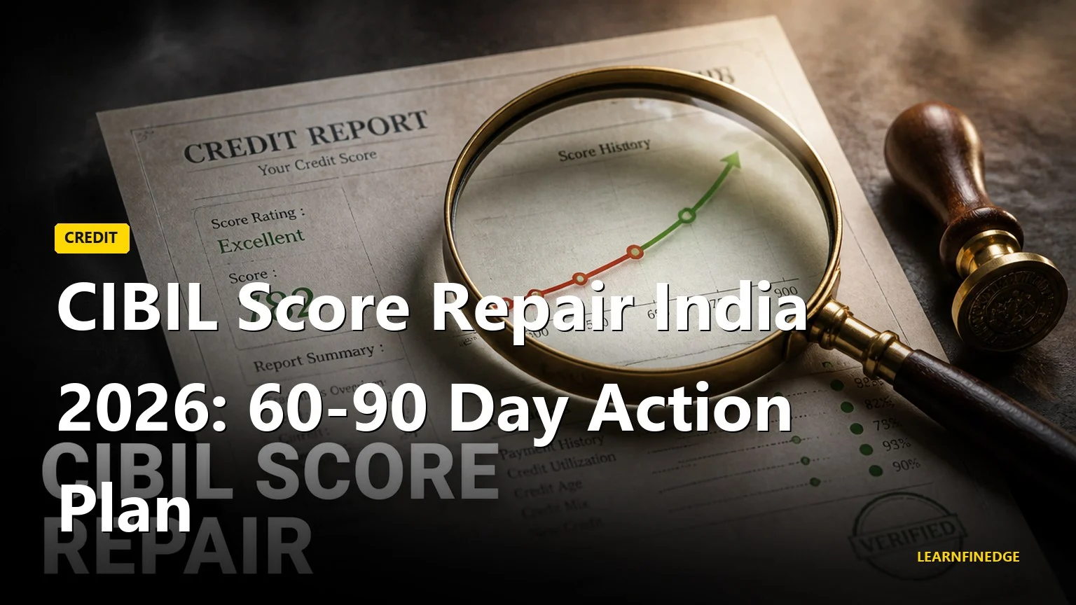 CIBIL score repair India 2026 editorial macro of a printed credit report on dark slate with a brass magnifying glass over an ascending score curve and a vintage seal stamp