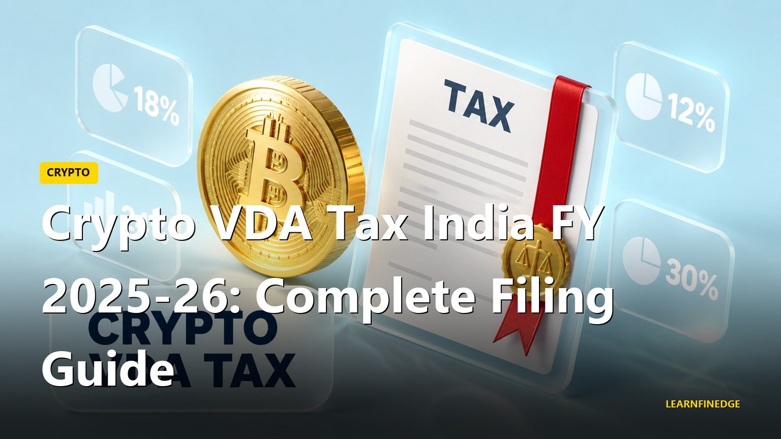 Crypto VDA Tax India FY 2025-26: Complete Filing Guide. Editorial India personal finance illustration.