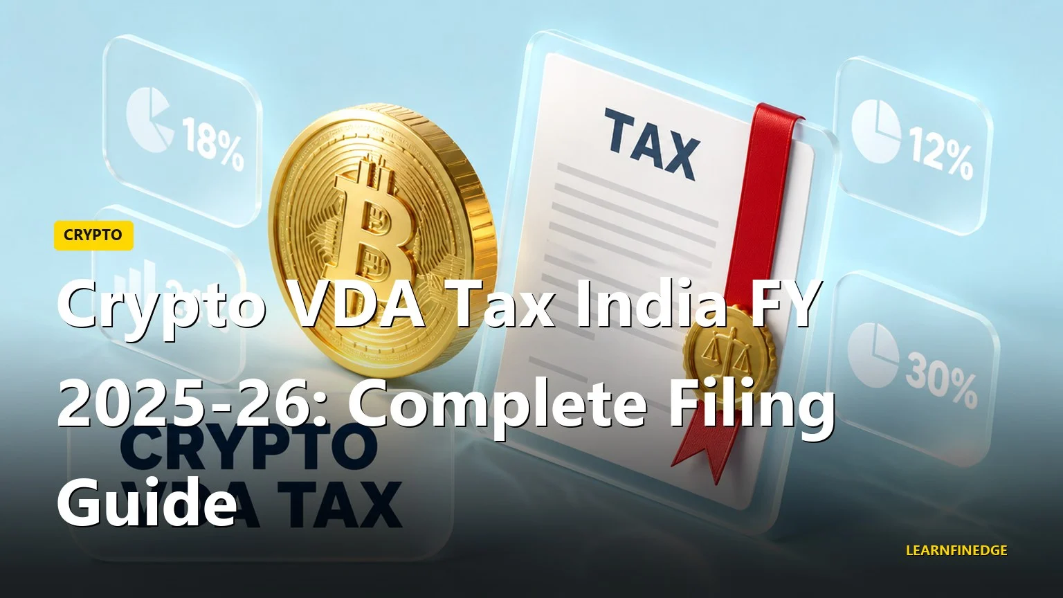 Crypto VDA Tax India FY 2025-26: Complete Filing Guide. Editorial India personal finance illustration.