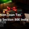 Education loan tax saving 80E India 2026 editorial still life with textbooks tied in red ribbon, a graduation cap silhouette, a leather loan ledger and a brass calculator on dark walnut