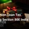 Education loan tax saving 80E India 2026 editorial still life with textbooks tied in red ribbon, a graduation cap silhouette, a leather loan ledger and a brass calculator on dark walnut