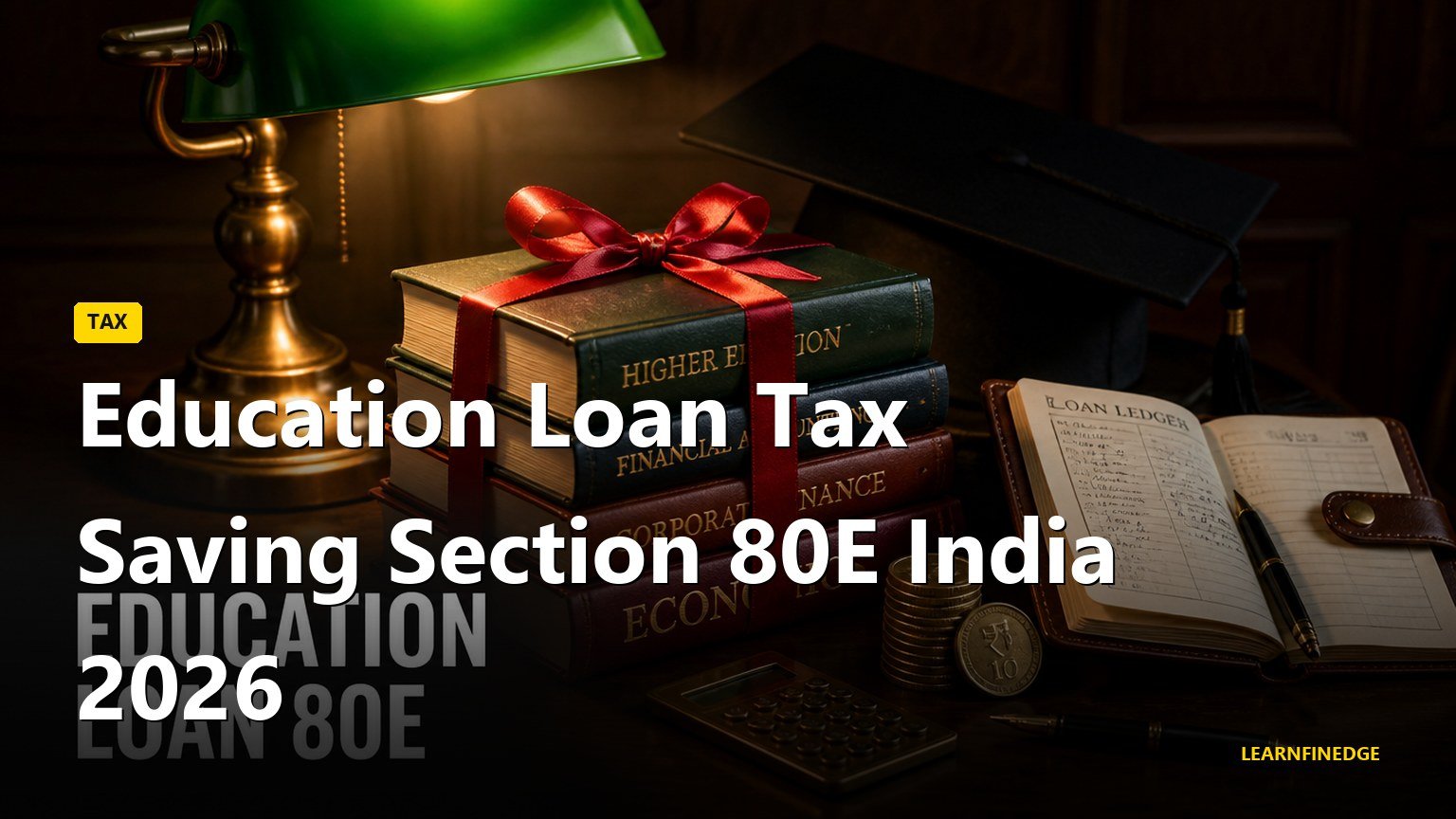 Education loan tax saving 80E India 2026 editorial still life with textbooks tied in red ribbon, a graduation cap silhouette, a leather loan ledger and a brass calculator on dark walnut