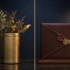 Symmetrical comparison of a brass canister with dried leaves and a sealed leather document folder, contrasting ELSS and NPS tax-saving schemes
