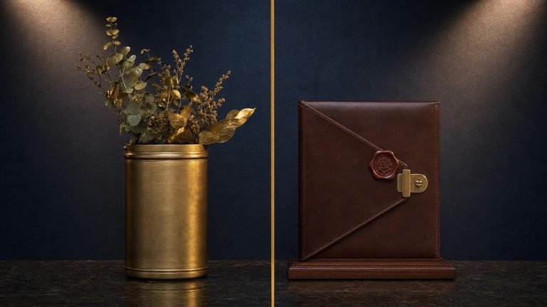 Symmetrical comparison of a brass canister with dried leaves and a sealed leather document folder, contrasting ELSS and NPS tax-saving schemes