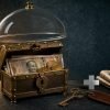 Antique brass treasure chest under a glass dome with rupee notes inside, cinematic editorial illustration of an emergency fund