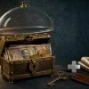 Antique brass treasure chest under a glass dome with rupee notes inside, cinematic editorial illustration of an emergency fund