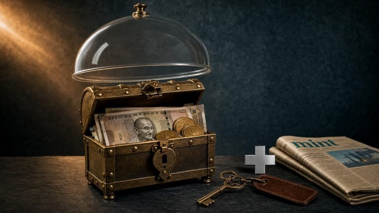 Antique brass treasure chest under a glass dome with rupee notes inside, cinematic editorial illustration of an emergency fund