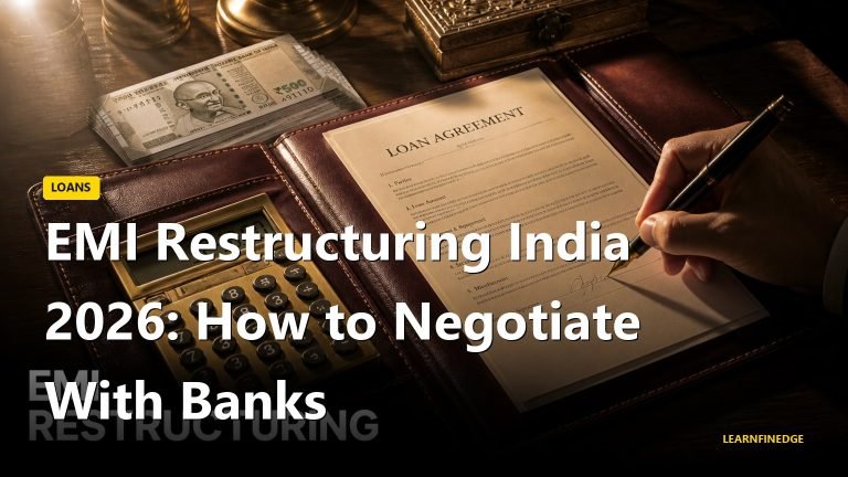 EMI restructuring India 2026: How to Negotiate With Banks. Editorial India personal finance illustration.