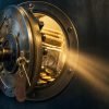 Polished brass vault door slightly ajar with warm light beam revealing rupee notes inside, cinematic editorial for EPF withdrawal rules