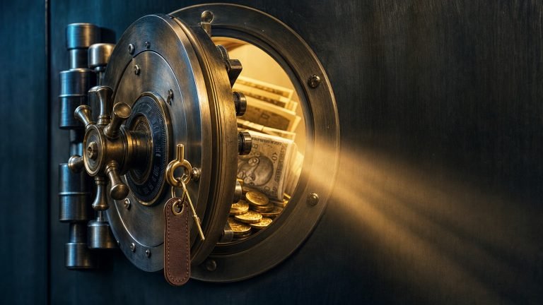 Polished brass vault door slightly ajar with warm light beam revealing rupee notes inside, cinematic editorial for EPF withdrawal rules