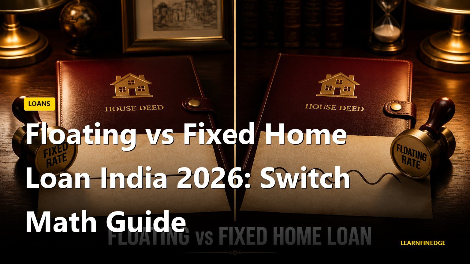 Floating vs fixed home loan India 2026: Switch Math Guide. Editorial India personal finance illustration.