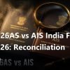 Form 26AS vs AIS India FY 2025-26 editorial macro of two stacked tax document folders with a brass magnifying glass and a vintage fountain pen on dark slate