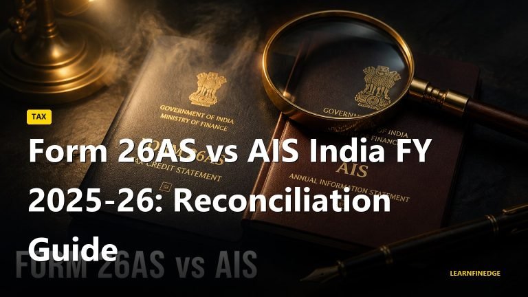 Form 26AS vs AIS India FY 2025-26 editorial macro of two stacked tax document folders with a brass magnifying glass and a vintage fountain pen on dark slate