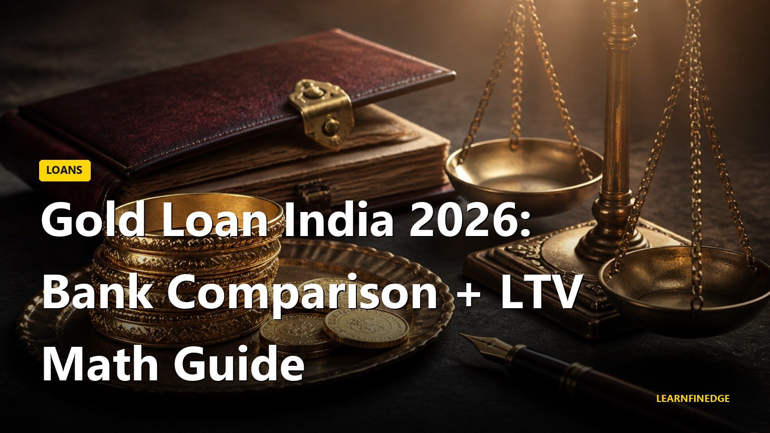 Gold Loan India 2026: Bank Comparison + LTV Math Guide. Editorial India personal finance illustration.