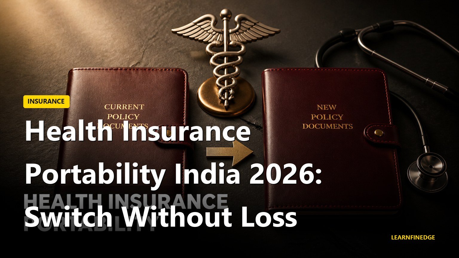 Health insurance portability India 2026: Switch Without Loss. Editorial India personal finance illustration.