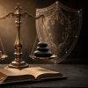 Antique brass balance scale weighing rupee coins against black stones with a translucent silver shield behind, cinematic editorial of risk management