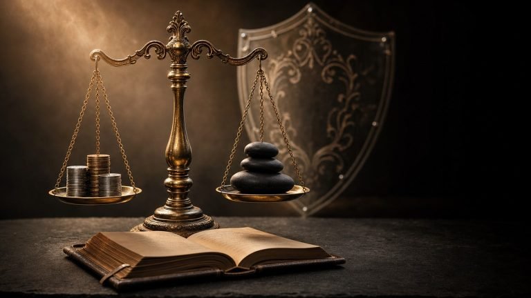 Antique brass balance scale weighing rupee coins against black stones with a translucent silver shield behind, cinematic editorial of risk management