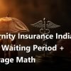 Maternity Insurance India 2026 editorial still life with translucent umbrella sheltering wooden family figurines, silver caduceus and leather policy folder