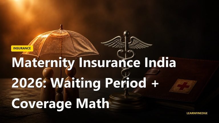 Maternity Insurance India 2026 editorial still life with translucent umbrella sheltering wooden family figurines, silver caduceus and leather policy folder