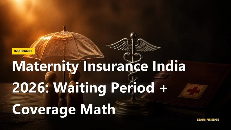 Maternity Insurance India 2026 editorial still life with translucent umbrella sheltering wooden family figurines, silver caduceus and leather policy folder