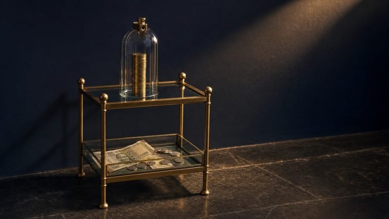 Two-tier brass and glass display structure with locked dome on top and open tray below, illustrating NPS Tier 1 vs Tier 2 contrast