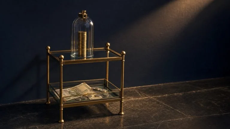 Two-tier brass and glass display structure with locked dome on top and open tray below, illustrating NPS Tier 1 vs Tier 2 contrast