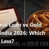 Personal loan vs gold loan India 2026 symmetrical split scene with a leather document folder, a fountain pen, gold bangles and coins on a brass tray on dark slate