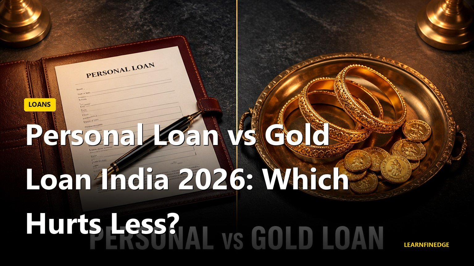 Personal loan vs gold loan India 2026 symmetrical split scene with a leather document folder, a fountain pen, gold bangles and coins on a brass tray on dark slate
