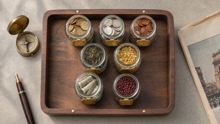 Top-down editorial flat-lay of seven mason jars on a walnut tray, each containing different asset-class objects representing portfolio diversification