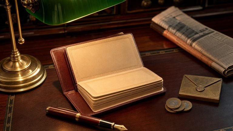 Vintage leather passbook with fountain pen and brass desk lamp on mahogany, editorial still-life for PPF account rules