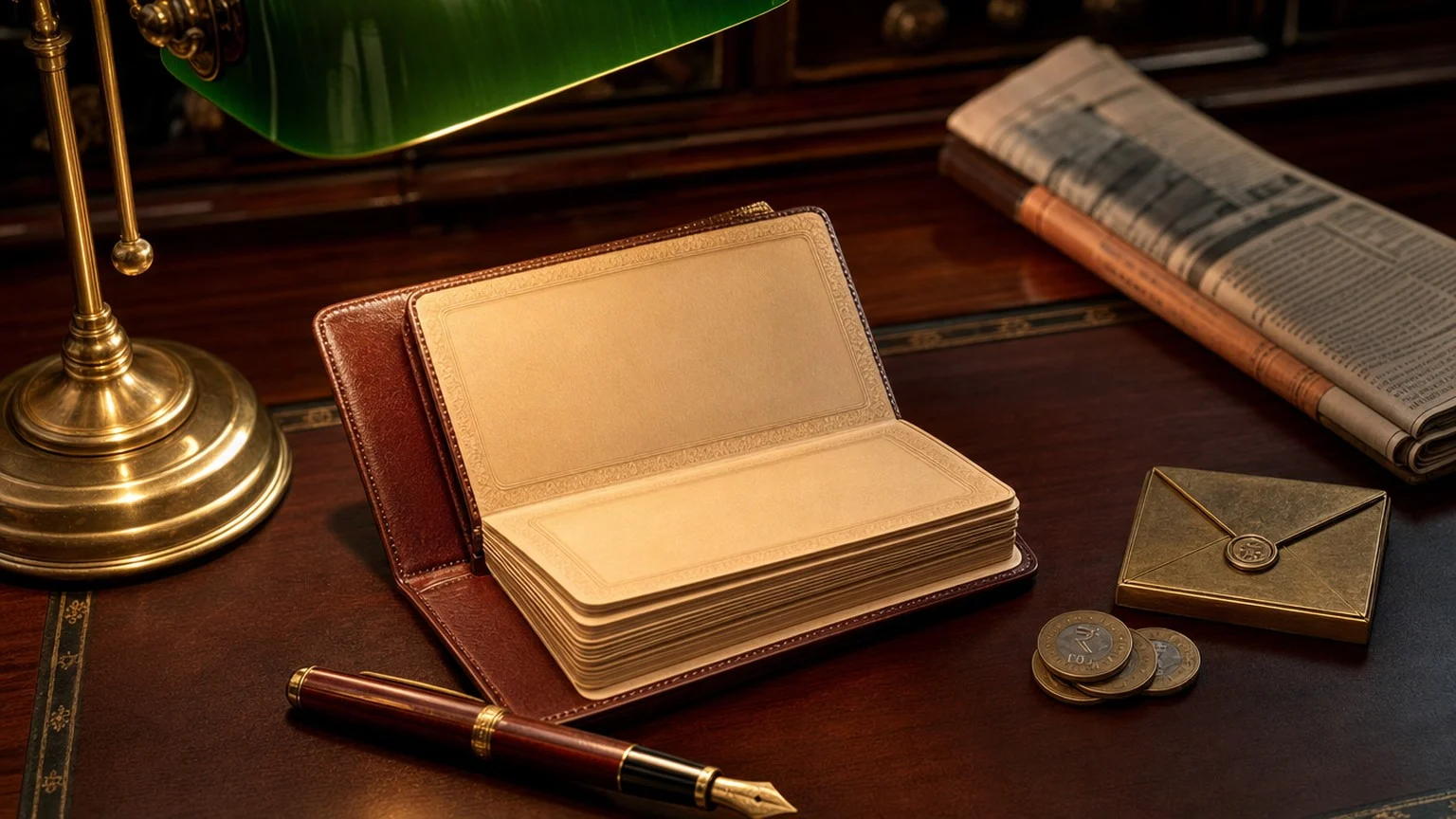 Vintage leather passbook with fountain pen and brass desk lamp on mahogany, editorial still-life for PPF account rules