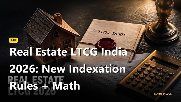 Real Estate LTCG India 2026: New Indexation Rules + Math. Editorial India personal finance illustration.