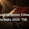 Section 80D senior citizen parents India 2026 still life with parent-age figurines, leather medical policy folder, tax form and stethoscope