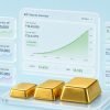 3D isometric glassmorphism SIP dashboard showing ascending growth chart with floating glass cards and gold bars, India personal finance